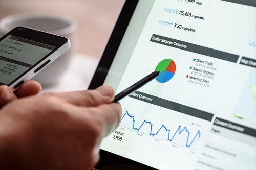 Tablet showing marketing analysis charts on a work desk